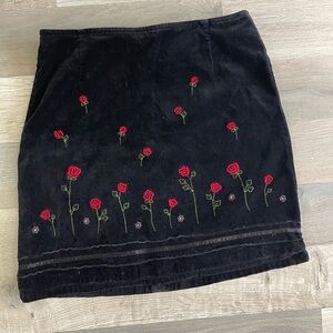 Black Velvet Mini Skirt with Red Rose Embroidery